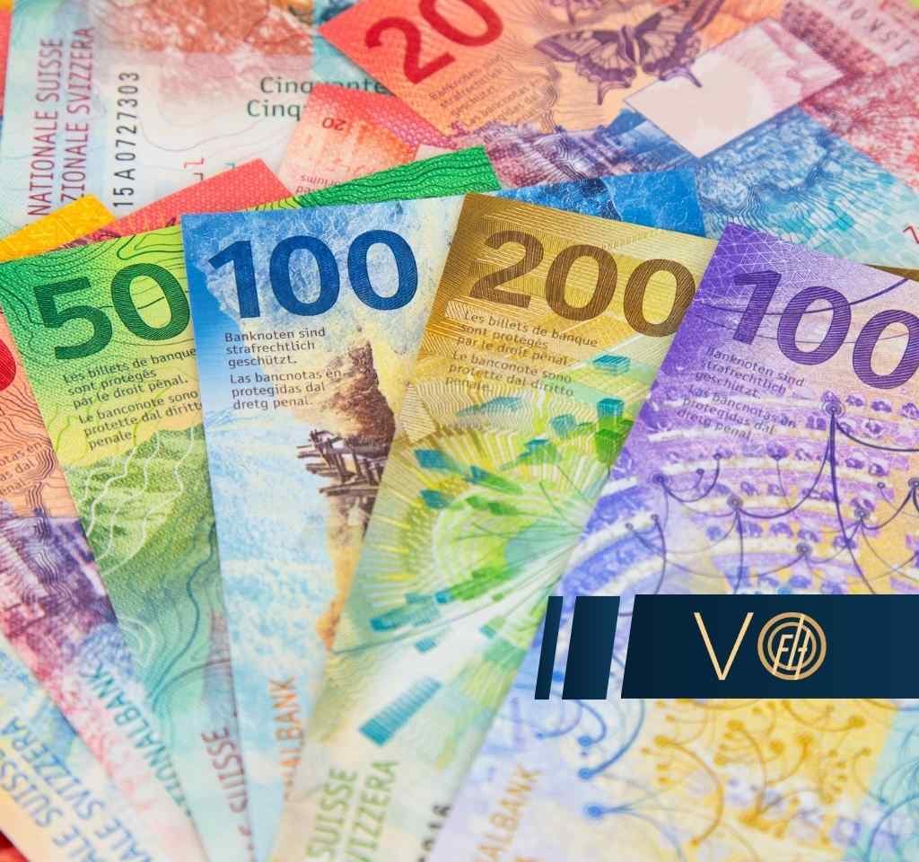 Zbliżenie na wachlarz kolorowych banknotów franków szwajcarskich o różnych nominałach (20, 50, 100, 200, 1000), ułożonych obok siebie