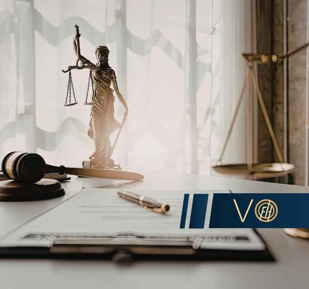 Statuetka Temidy z wagą oraz sędziowski młotek znajdują się na biurku obok otwartych dokumentów w jasnym, przeszklonym gabinecie.