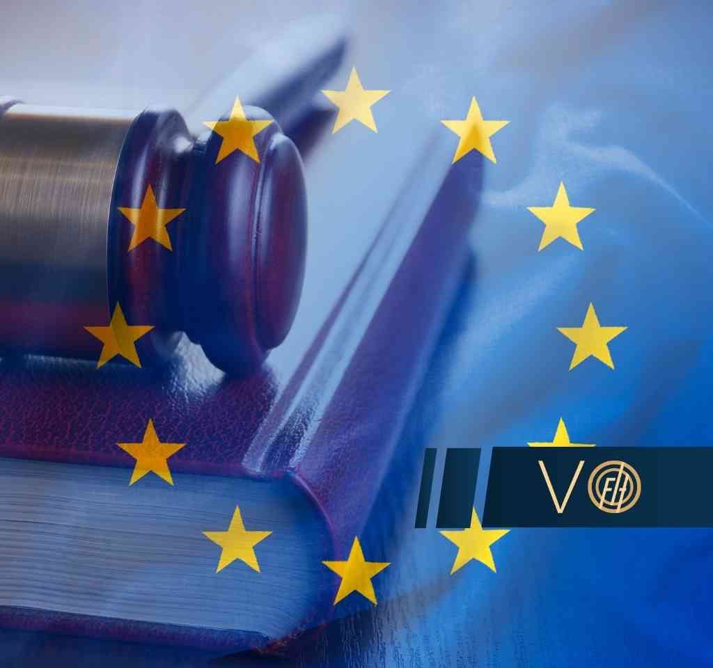 Gavel resting on law books, overlaid with yellow EU stars forming the European Union flag motif