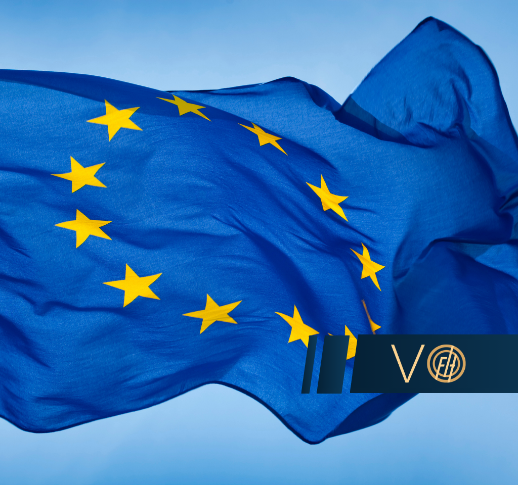 Waving European Union flag with yellow stars on blue, plus a dark branding bar with a VO logo in the bottom right.
