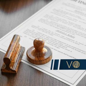 Formal legal document with a wooden stamp and seal on a wooden surface, a blue logo overlay in the corner.