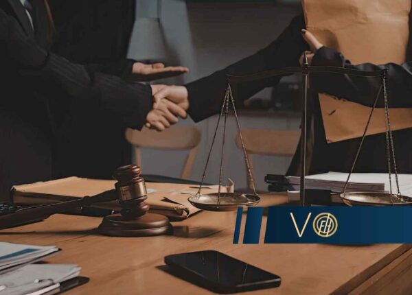 Gavel and scales on a wooden desk; two people in dark suits extend hands in a handshake; logo overlay.