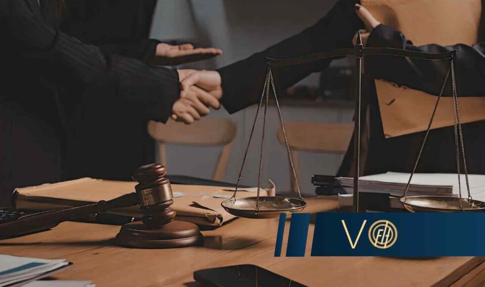 Gavel and scales on a wooden desk; two people in dark suits extend hands in a handshake; logo overlay.