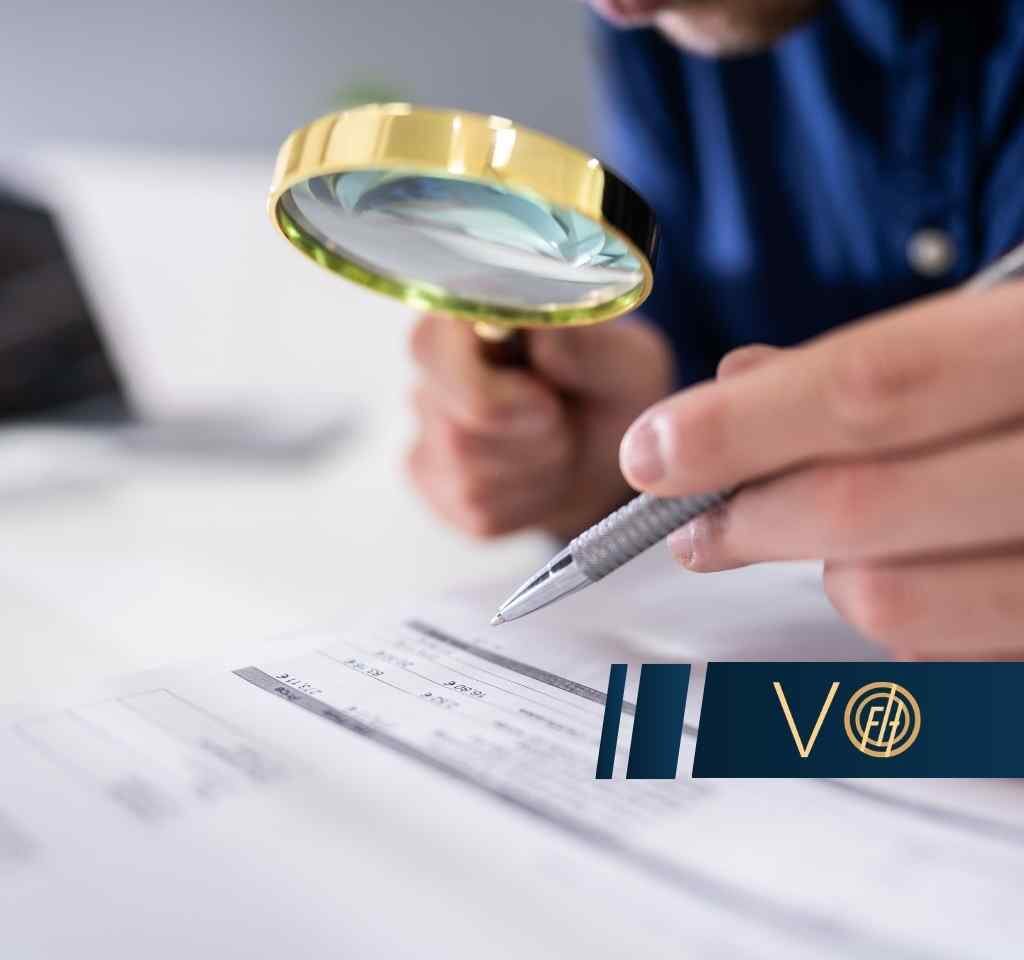 Person uses a magnifying glass to scrutinize a document on a desk, with a navy logo banner in the corner.