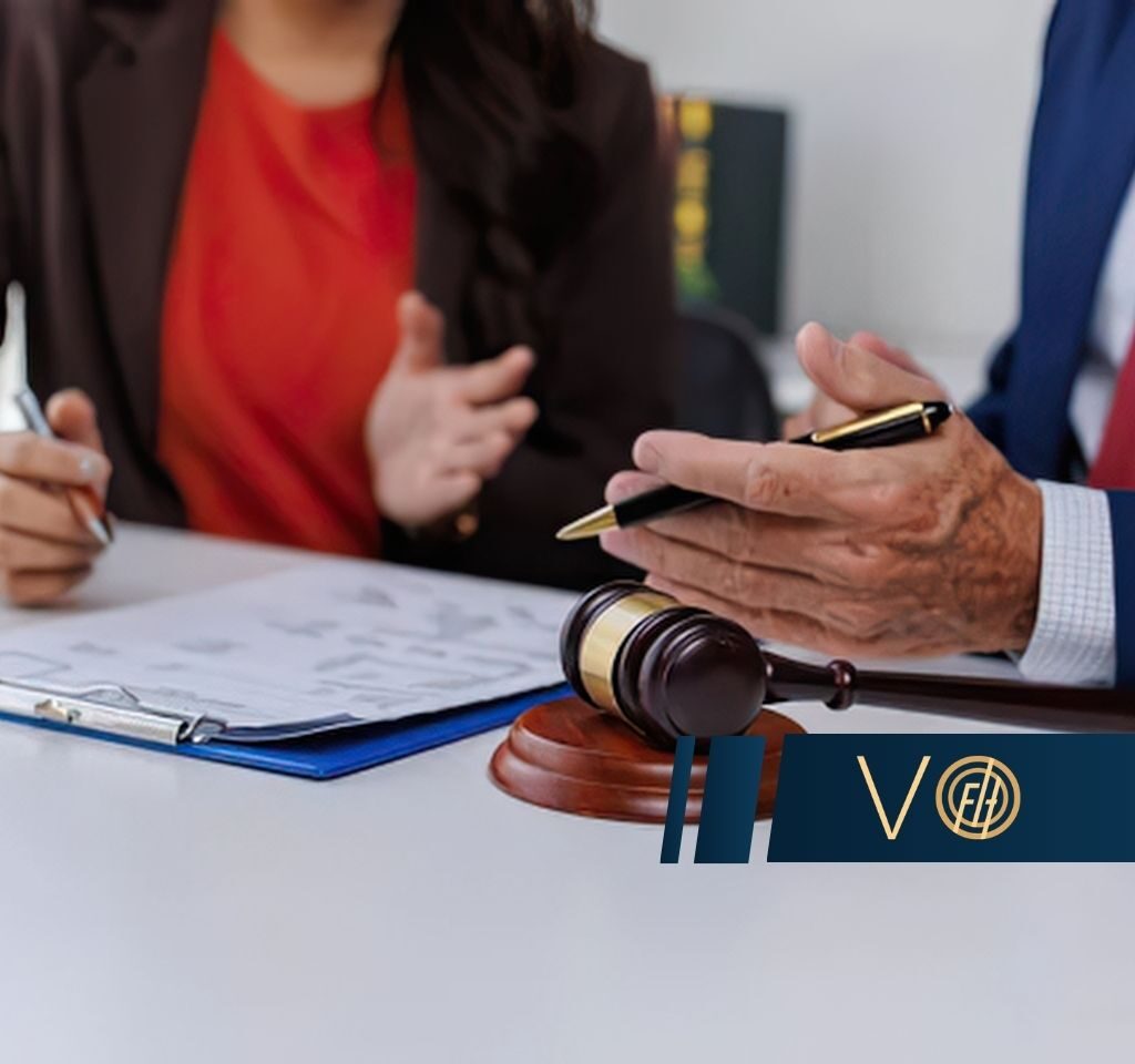 Two professionals review documents at a desk; a gavel rests beside a blue folder, while a man writes with a gold pen.